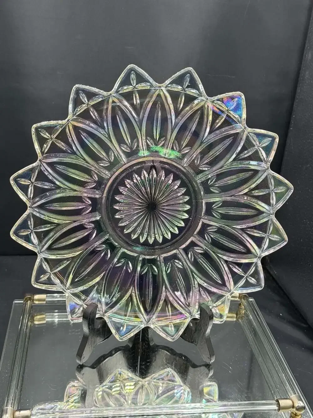 Vintage 1960s Federal Glass Petal Sunflower Pattern Iridescent Carnival Glass Se